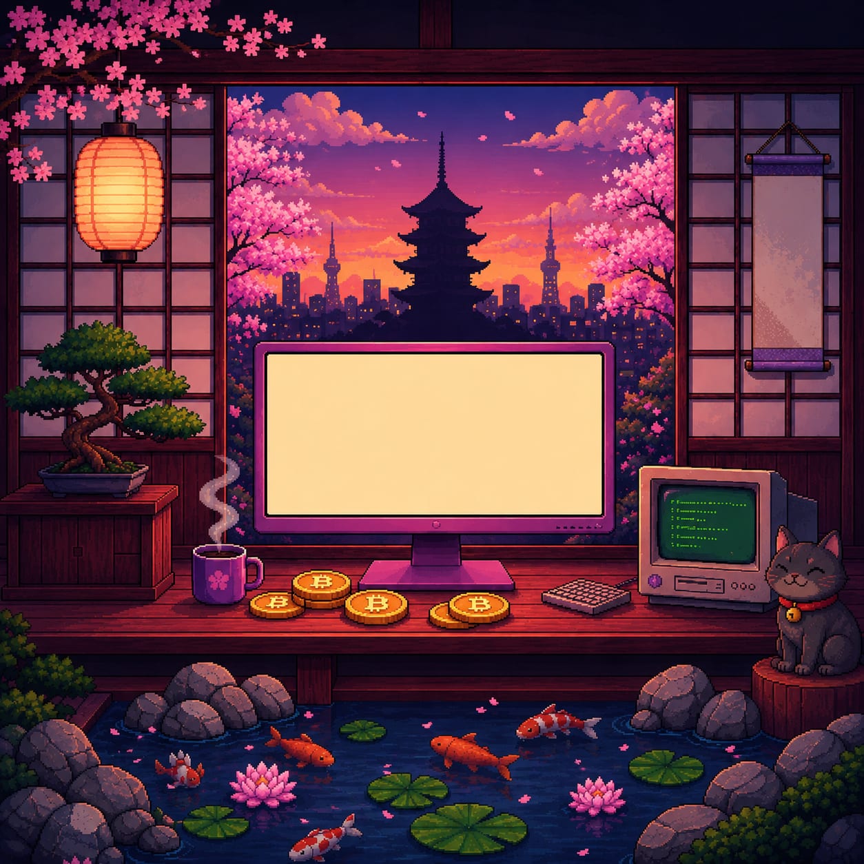 Pixel-art Japanese twilight scene with a monitor, lantern, bonsai, koi pond and a cat